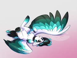 Size: 2048x1536 | Tagged: safe, artist:alrumoon_art, derpibooru import, oc, oc only, pegasus, pony, :p, choker, colored wings, heterochromia, large wings, looking at you, lying down, on back, partially open wings, simple background, smiling, solo, tongue, tongue out, watermark, white fur, wings, wristband