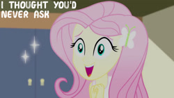 Size: 1280x720 | Tagged: safe, derpibooru import, edit, edited screencap, editor:quoterific, screencap, fluttershy, eqg summertime shorts, equestria girls, pet project, clothes, female, hairpin, open mouth, open smile, smiling, solo, tanktop