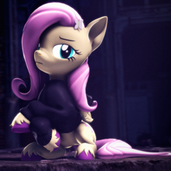 Size: 2160x2160 | Tagged: safe, artist:psfmer, derpibooru import, fluttershy, pegasus, pony, 3d, accessory, clothes, crossed hooves, female, hairclip, high res, hoodie, looking at you, mare, open mouth, sidewalk, solo, source filmmaker, squatting, trash, unshorn fetlocks