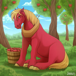 Size: 1280x1280 | Tagged: safe, artist:jenery, derpibooru import, big macintosh, earth pony, pony, apple, apple tree, bucket, food, grass, green eyes, hoers, horse collar, looking at you, male, mane, missing cutie mark, outdoors, scenery, sitting, smiling, stallion, tree, unshorn fetlocks