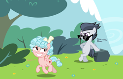 Size: 2840x1824 | Tagged: safe, artist:lunaticdawn, derpibooru import, cozy glow, rumble, pegasus, pony, bipedal, bipedal leaning, blushing, bow, bush, colt, curls, cute, cutie mark, female, filly, flirting, flower, foal, freckles, grass, grin, hair bow, leaning, looking back, male, rock, rumble gets all the fillies, rumbleglow, shipping, smiling, smooth, standing, straight, sunglasses, text, tree, trotting