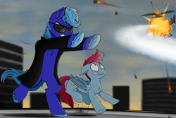 Size: 1080x720 | Tagged: safe, artist:rapid9, derpibooru import, oc, bat pony, afternoon, bipedal, clothes, coat, explosion, fire, jumping, roof, scared, sunglasses, the matrix