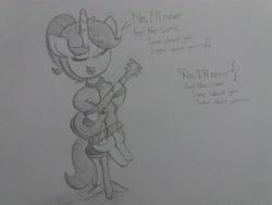 Size: 4128x3096 | Tagged: safe, artist:cherro, derpibooru import, oc, oc only, oc:kitty kit, pony, unicorn, a day to remember, acoustic guitar, clothes, guitar, musical instrument, same about you, singing, solo, song reference, sweater, traditional art