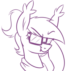 Size: 891x837 | Tagged: safe, artist:moonatik, derpibooru import, oc, oc only, oc:anneal, bat pony, pony, adjusting glasses, bat pony oc, bust, clothes, fangs, female, limited palette, mare, ponytail, scarf, scary shiny glasses, sketch, smug, solo