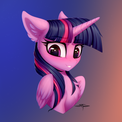 Size: 3000x3000 | Tagged: safe, artist:setharu, derpibooru import, twilight sparkle, twilight sparkle (alicorn), alicorn, pony, bust, chest fluff, cute, ear fluff, ears, eye reflection, female, floppy ears, looking down, mare, portrait, reflection, signature, simple background, smiling, solo, twiabetes