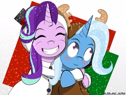 Size: 2048x1536 | Tagged: safe, artist:lightningrunner18, artist:soraleblanc, derpibooru import, starlight glimmer, trixie, unicorn, blushing, christmas, clothes, costume, holiday, hug, snow