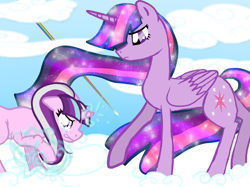 Size: 1890x1417 | Tagged: safe, derpibooru import, starlight glimmer, twilight sparkle, twilight sparkle (alicorn), alicorn, pony, unicorn, fanfic:we can do this forever, the cutie re-mark, cloud, crying, fanfic art, female, magic, mortality blues, older, sonic rainboom