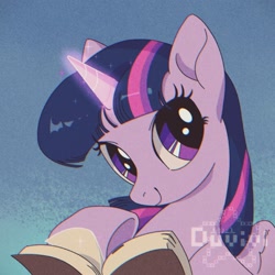 Size: 2000x2000 | Tagged: safe, artist:duvivi, derpibooru import, twilight sparkle, twilight sparkle (alicorn), alicorn, pony, book, looking at you, smiling, solo