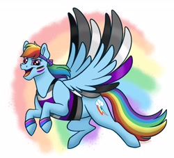 Size: 2568x2334 | Tagged: safe, artist:bellbell123, derpibooru import, rainbow dash, pegasus, pony, asexual, asexual pride flag, clothes, face paint, female, flying, pride, pride flag, rainbow background, spread wings, tanktop, wings