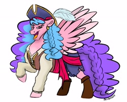 Size: 2543x2048 | Tagged: safe, artist:bellbell123, derpibooru import, oc, oc only, oc:bella pinksavage, pegasus, pony, clothes, female, open mouth, pegasus oc, pirate, raised hoof, raised leg, simple background, solo, spread wings, white background, wings