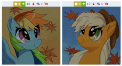 Size: 512x279 | Tagged: safe, artist:duvivi, derpibooru import, applejack, rainbow dash, earth pony, pegasus, applejack's hat, autumn, clothes, cowboy hat, cute, dashabetes, derpibooru, female, hat, jackabetes, juxtaposition, leaves, looking at each other, looking at someone, mare, meta, smiling, spread wings, stetson, wings