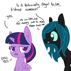 Size: 1024x1024 | Tagged: safe, artist:tjpones edits, color edit, colorist:nightshadowmlp, derpibooru import, edit, queen chrysalis, twilight sparkle, twilight sparkle (alicorn), alicorn, changeling, changeling queen, pony, black coat, colored, colored sclera, cute, cutealis, dialogue, duo, duo female, ear fluff, ears, female, frown, green eyes, green sclera, looking at each other, mare, missing horn, ms paint, multicolored mane, purple coat, purple eyes, simple background, teal mane, white background, wide eyes, wings
