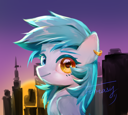 Size: 2480x2232 | Tagged: safe, artist:fantasy song, derpibooru import, oc, oc only, oc:sik, pegasus, pony, city, ear piercing, earring, heterochromia, jewelry, pegasus oc, piercing, smiling, solo, sunset