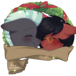 Size: 2000x2000 | Tagged: safe, artist:cottonsweets, derpibooru import, thunderlane, oc, oc:benjamin terrance tover, christmas, christmas wreath, clothes, cute, holiday, nuzzling, scarf, wreath