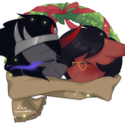 Size: 2000x2000 | Tagged: safe, artist:cottonsweets, derpibooru import, king sombra, oc, oc:benjamin terrance tover, christmas, christmas wreath, clothes, cute, eye glow, holiday, nuzzling, scarf, wreath