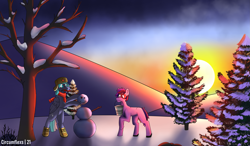 Size: 4053x2363 | Tagged: safe, artist:circumflexs, derpibooru import, oc, earth pony, pegasus, pony, robot, robot pony, bucket, carrot, clothes, food, snow, snowman, sunset, winter, winter outfit