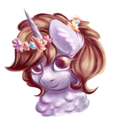 Size: 2591x2767 | Tagged: safe, artist:coco-drillo, derpibooru import, oc, oc only, oc:dorm pony, pony, unicorn, bust, chest fluff, ear fluff, ears, female, flower, flower in hair, horn, looking at you, mare, messy mane, simple background, smiling, smiling at you, solo, unicorn oc