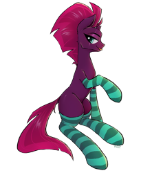 Size: 1500x1700 | Tagged: safe, artist:anondrawpone, derpibooru import, tempest shadow, pony, unicorn, :p, broken horn, clothes, cute, female, horn, mare, missing cutie mark, profile, simple background, sitting, socks, solo, stockings, striped socks, tempestbetes, thigh highs, tongue, tongue out, transparent background