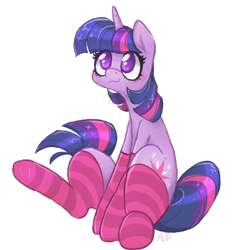 Size: 1800x1900 | Tagged: safe, artist:anondrawpone, derpibooru import, twilight sparkle, unicorn twilight, pony, unicorn, blushing, clothes, cute, female, mare, no pupils, simple background, sitting, socks, solo, stockings, striped socks, thigh highs, transparent background, twiabetes