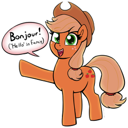 Size: 1888x1891 | Tagged: safe, artist:heretichesh, derpibooru import, applejack, earth pony, pony, applejack's hat, clothes, cowboy hat, cute, dialogue, fancy, female, freckles, french, greeting, hairband, happy, hat, jackabetes, looking at you, mare, open mouth, open smile, out of character, simple background, smiling, smiling at you, solo, speech bubble, talking, talking to viewer, text, transparent background, white outline