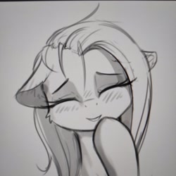 Size: 3472x3472 | Tagged: safe, artist:alcor, derpibooru import, fluttershy, pony, blushing, cute, daaaaaaaaaaaw, eyes closed, giggling, hoof over mouth, looking at you, monochrome, shyabetes, sketch, smiling, smiling at you