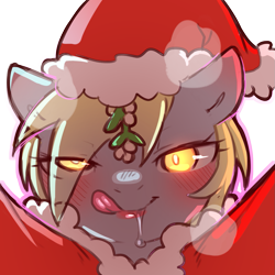 Size: 1159x1159 | Tagged: safe, artist:cold-blooded-twilight, derpibooru import, derpy hooves, bedroom eyes, blushing, christmas, clothes, costume, drool, female, glowing, glowing eyes, hat, holiday, licking, licking lips, lipstick, looking at you, mistletoe, panting, rapeface, santa costume, santa hat, simple background, solo, tongue, tongue out, transparent background