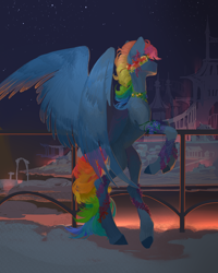 Size: 4000x5000 | Tagged: safe, artist:yanisfucker, derpibooru import, rainbow dash, pegasus, pony, bipedal, cloud, cloudsdale, female, night, railing, stars, wings