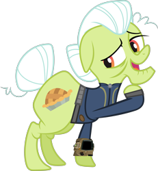 Size: 5320x5770 | Tagged: safe, artist:90sigma, artist:ponygamer2020, derpibooru import, granny smith, earth pony, pony, fallout equestria, leap of faith, absurd resolution, clothes, cutie mark, fallout, female, jumpsuit, looking back, mare, older, open mouth, pipboy, simple background, solo, transparent background, vault suit, vector