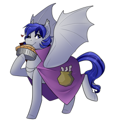 Size: 1111x1190 | Tagged: safe, artist:royvdhel-art, derpibooru import, oc, oc only, bat pony, pony, bat pony oc, bat wings, blue eyes, blue mane, blue tail, cape, clothes, ear fluff, ears, female, food, gray coat, heart, hoof hold, mare, one eye closed, pie, raised leg, runescape, simple background, smiling, spread wings, transparent background, wings, wink