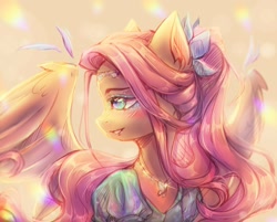 Size: 1200x965 | Tagged: safe, artist:zefirka, fluttershy, pegasus, pony, clothes, female, hairtie, headband, jewelry, looking to side, looking to the left, mare, necklace, solo