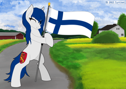Size: 2046x1447 | Tagged: safe, artist:syntiset, oc, oc only, earth pony, pony, bipedal, detailed background, female, finland, flag, independence day, looking at you, mare, nation ponies, one eye closed, ponified, smiling, smiling at you, solo, wink, winking at you