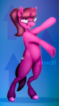 Size: 2160x3840 | Tagged: safe, artist:barnnest, oc, oc only, oc:heart drive, pony, unicorn, abstract background, bipedal, fanart, featured image, female, freckles, glasses, mare, open mouth, open smile, ponybooru mascot, sfw, smiling, solo, watermark