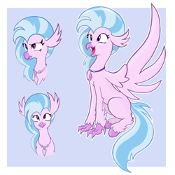 Size: 1832x1832 | Tagged: safe, artist:darkgred, derpibooru import, silverstream, classical hippogriff, hippogriff, behaving like a bird, birb, cute, diastreamies, female, happy, jewelry, necklace, open mouth, open smile, simple background, sitting, smiling, solo, spread wings, wings