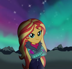 Size: 1024x984 | Tagged: safe, artist:emeraldblast63, derpibooru import, sunset shimmer, human, equestria girls, aurora borealis, clothes, crossed arms, female, looking at you, mountain, show accurate, solo