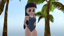 Size: 1920x1080 | Tagged: safe, artist:mr.uberrebu25, derpibooru import, twilight sparkle, equestria girls, 3d, beach, beach babe, breasts, clothes, hands behind back, headlight sparkle, leotard, looking at you, one-piece swimsuit, palm tree, purple swimsuit, smiling, smiling at you, solo, swimsuit, tree