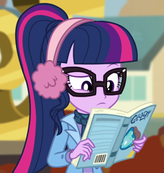 Size: 669x706 | Tagged: safe, derpibooru import, screencap, sci-twi, twilight sparkle, equestria girls, equestria girls series, holidays unwrapped, spoiler:eqg series (season 2), blizzard or bust, book, cropped, solo