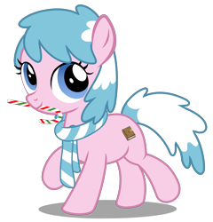 Size: 3440x3580 | Tagged: safe, artist:strategypony, derpibooru import, oc, oc only, oc:artabana, earth pony, pony, candy, candy cane, christmas, clothes, earth pony oc, female, filly, foal, food, high res, holiday, mouth hold, scarf, simple background, transparent background