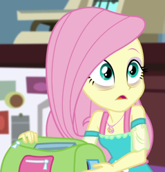 Size: 602x630 | Tagged: safe, derpibooru import, screencap, fluttershy, equestria girls, equestria girls series, holidays unwrapped, spoiler:eqg series (season 2), bags under eyes, blizzard or bust, cropped, geode of fauna, magical geodes, solo