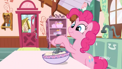 Size: 1920x1080 | Tagged: safe, derpibooru import, screencap, pinkie pie, earth pony, pony, between dark and dawn, baking, batter, bipedal, bowl, cute, diapinkes, egg beater, female, food, mare, ponyville, sink, sugarcube corner, table, window