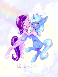 Size: 640x853 | Tagged: safe, artist:fatherdetrash, derpibooru import, starlight glimmer, trixie, pony, unicorn, duo, duo female, eyebrows, eyebrows visible through hair, female, hug, lesbian, mare, one eye closed, open mouth, open smile, shipping, smiling, startrix