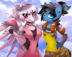 Size: 2048x1634 | Tagged: safe, artist:darkmaxxie, derpibooru import, oc, oc only, anthro, earth pony, anthro oc, breasts, cap, cleavage, clothes, cloud, duo, earth pony oc, hat, looking at you, piercing, posing for photo, rope, smiling