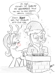 Size: 1500x2000 | Tagged: safe, artist:mellodillo, derpibooru import, part of a set, starlight glimmer, trixie, chimney, christmas, clothes, costume, duo, fake antlers, grayscale, hat, holiday, monochrome, red nose, rudolph nose, santa costume, santa hat, starlight is not amused, stuck, unamused