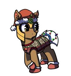 Size: 681x732 | Tagged: safe, artist:neuro, derpibooru import, pony, unicorn, blushing, christmas, christmas lights, ear fluff, ears, female, guardsmare, hat, holiday, mare, mistletoe, royal guard, santa hat, simple background, solo, transparent background