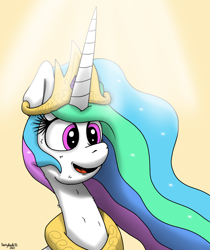 Size: 2048x2440 | Tagged: safe, artist:darkyboode32, derpibooru import, princess celestia, alicorn, pony, bust, crown, female, funny, funny face, high res, jewelry, light rays, necklace, regalia, simple background, solo, yellow background