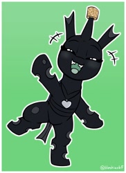 Size: 1043x1430 | Tagged: safe, artist:heretichesh, derpibooru import, oc, oc only, changeling, bipedal, changeling oc, cork, cute, cuteling, eyes closed, green background, horn, horn guard, looking at you, open mouth, open smile, simple background, smiling, smiling at you, solo, standing, standing on one leg, waving