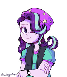 Size: 1280x1472 | Tagged: safe, artist:sadkazooist, derpibooru import, starlight glimmer, equestria girls, beanie, female, hat, one eye closed, simple background, smiling, solo, white background, wink