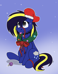 Size: 1744x2208 | Tagged: safe, artist:rokosmith26, derpibooru import, oc, oc only, oc:watersmoke, earth pony, pony, bow, cheek fluff, chest fluff, christmas, christmas stocking, christmas wreath, commission, ears, earth pony oc, female, floppy ears, gradient background, holiday, jewelry, looking up, mare, necklace, one ear down, raised hoof, raised leg, ribbon, simple background, sitting, smiling, solo, sweat, sweatdrop, tail, tongue, tongue out, wreath, ych result