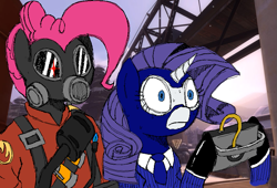 Size: 851x580 | Tagged: safe, artist:legendoflink, derpibooru import, pinkie pie, rarity, earth pony, pony, unicorn, clothes, flamethrower, gas mask, glowing, glowing eyes, glowing eyes of doom, mask, ms paint, pinkie pyro, pyro, rarispy, sapper, spy, suit, sweat, team fortress 2, this will end in fire, this will not end well, weapon, you better get ready to die