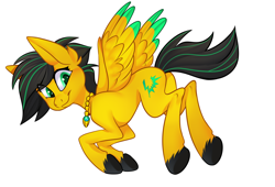 Size: 2500x1700 | Tagged: safe, artist:xvostik, derpibooru import, emerald green, green gem, oc, oc only, oc:lightning bug, pegasus, black mane, gem, hooves, jewelry, necklace, pegasus oc, simple background, streaked mane, white background, wings