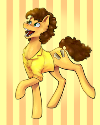 Size: 980x1227 | Tagged: safe, artist:metalcoward, derpibooru import, cheese sandwich, earth pony, pony, clothes, male, open mouth, open smile, shirt, smiling, solo, stallion, striped background